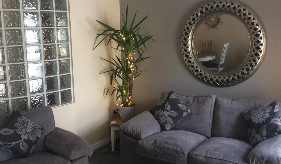 a photo showing a living room with sofas, a mirror, a plant and a window