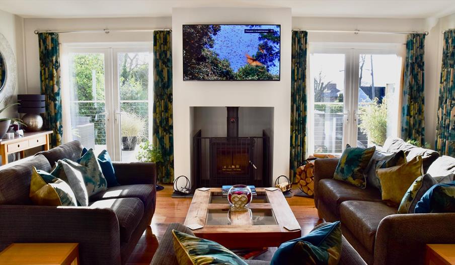 Modern living room with wood burning stove