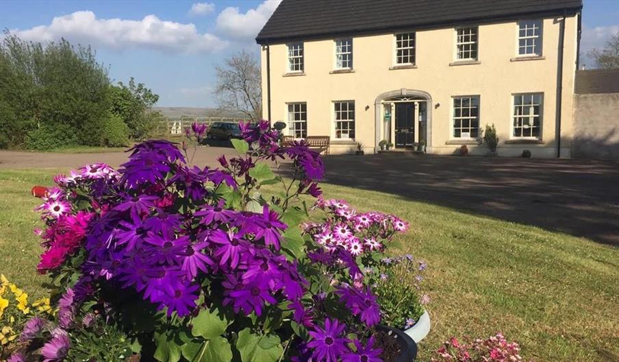 The exterior of the Rocks Bed and Breakfast, showing the garden and front of this traditional farm house.