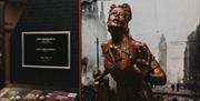 A half-size bronze sculptor of a mother and daughter running from the Belfast Blitz on display in the Northern Ireland War Memorial museum.