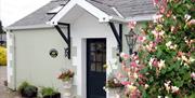 Images shows front door of cottage with hedge and flowers to the left of it.