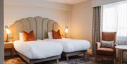 Modern twin hotel room with two single beds, upholstered headboard, armchair and natural light from a large window.